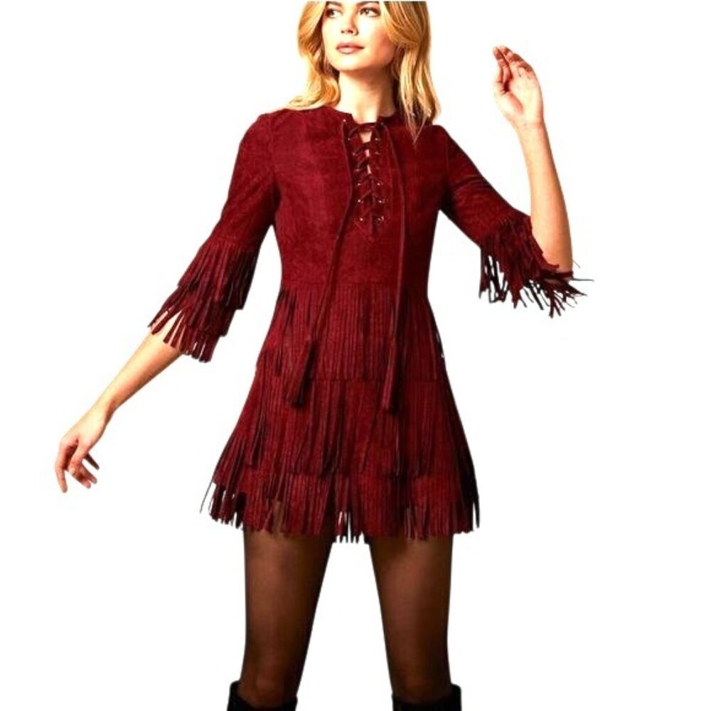 2/$30 NWT Choosy XS Burgundy Faux Suede Fringe Dress Lace-Up Detail